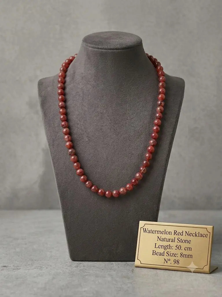 Watermelon Red Necklace, Natural Stone, Length 50. cm, Bead Size 8mm, ABC_NEC_98